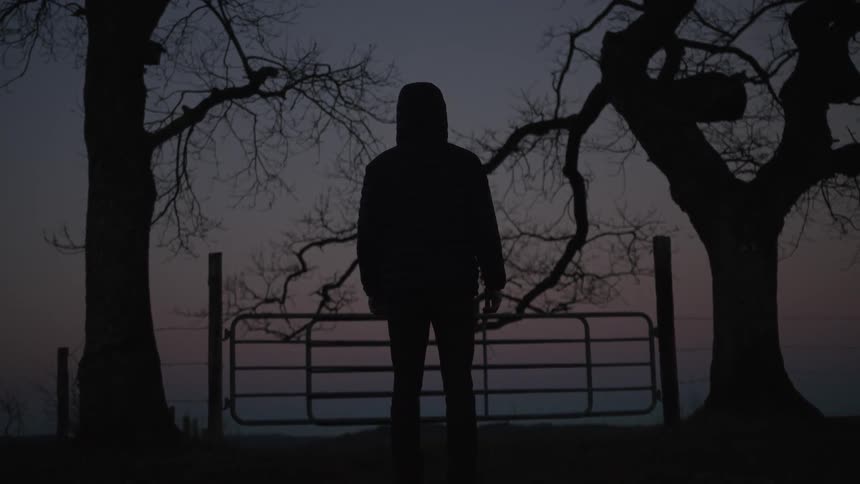 Silhouette of a hooded figure standing before a rural gate as twilight settles in