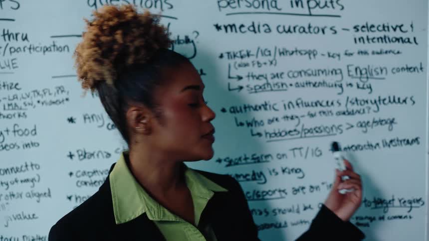 A focused African American business professional presents a marketing strategy written on a whiteboard