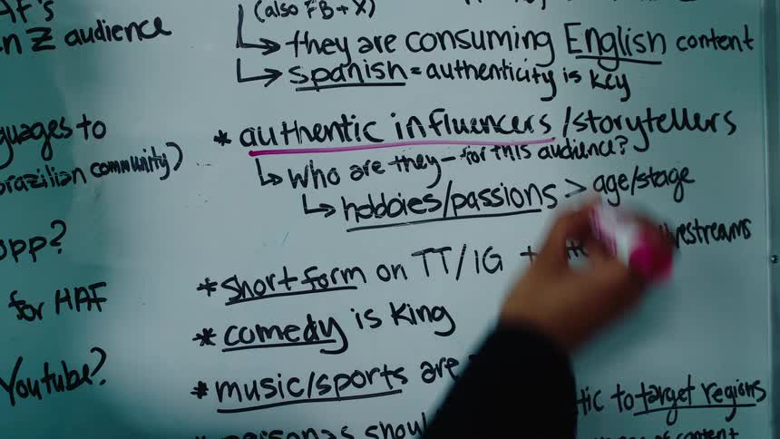 A hand with a pink marker underlines key strategy points for influencer marketing written on a whiteboard
