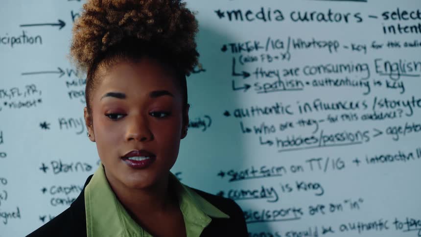 A confident businesswoman in a corporate setting presents a marketing strategy written on a whiteboard