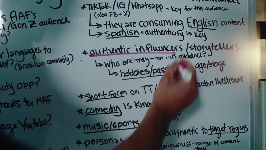 A hand with a pink marker underlines the words 'authentic influencers' on a whiteboard during a marketing strategy session