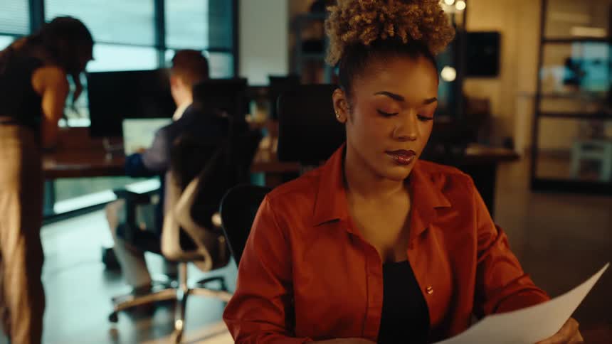 A man hands over important documents to his female colleague for review in a modern corporate office