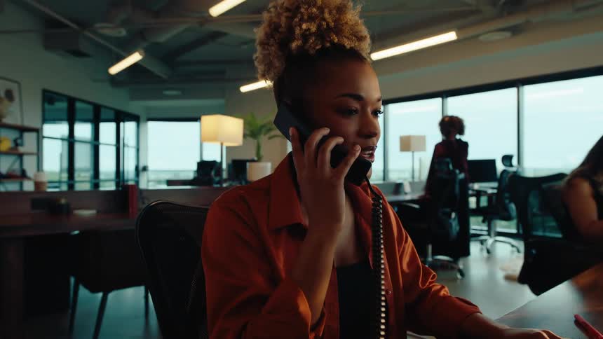 Camera reveals a young businesswoman multitasking, answering a phone call while typing on her computer in a modern office