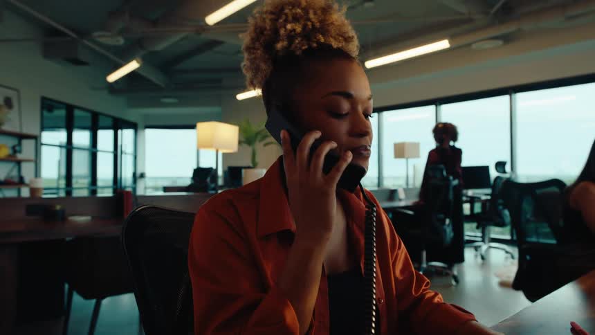 Young professional black woman answers a phone call and continues to type on her computer while sitting at her desk in a modern office