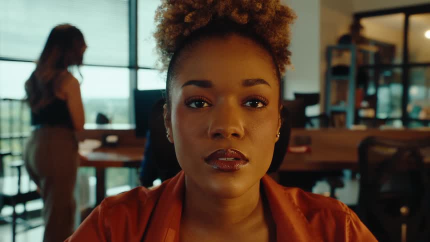 A dynamic shot starts on a Black woman's hands typing and then quickly tilts up to her serious face looking at the camera in an office