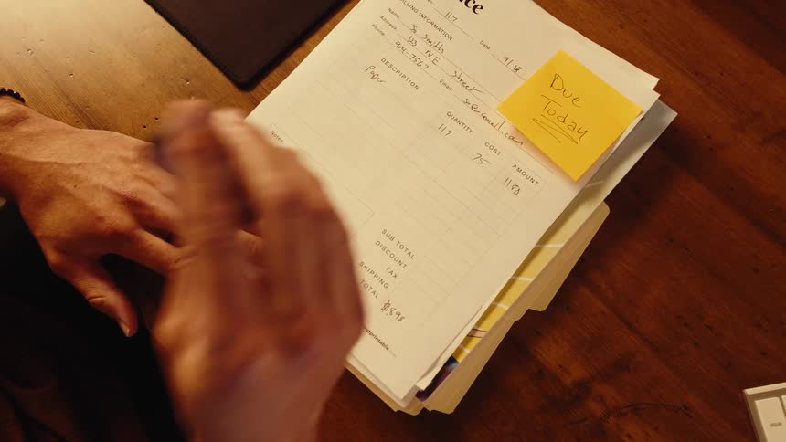 Overhead shot of an invoice with a 'Due Today' sticky note being stamped 'PAID'