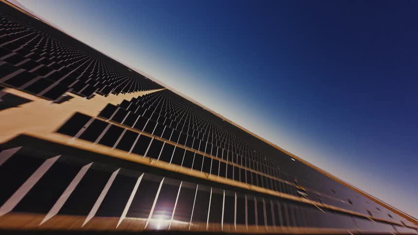 A dynamic FPV drone flies low and fast over the endless rows of a vast solar farm in a desert landscape