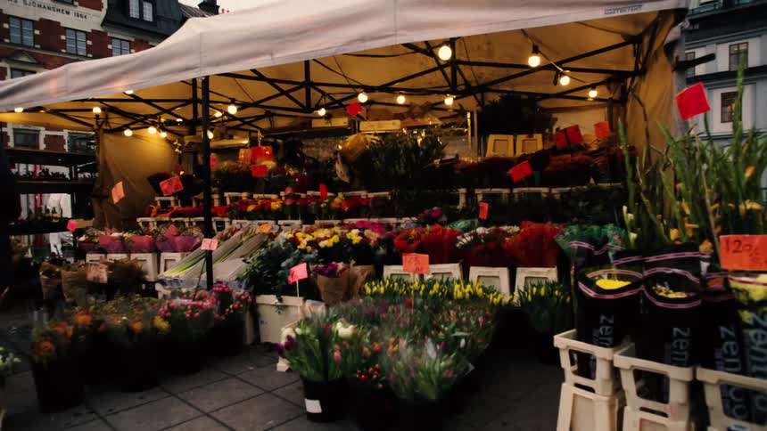 A point-of-view shot walks down a city street and stops at a beautiful outdoor flower market stall