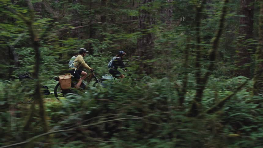 Side-view tracking shot of two adventurous people bikepacking on a trail through a lush evergreen forest