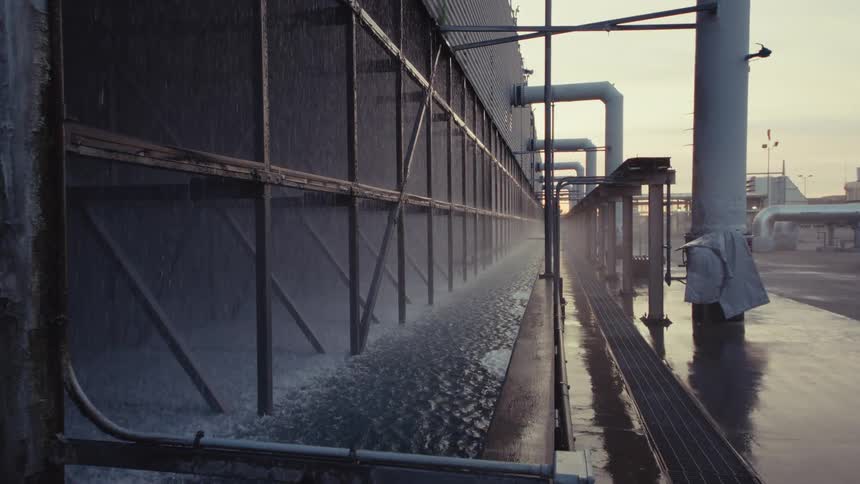 A slow reveal of a large industrial water cooling system spraying water into a trough at an energy plant during dusk