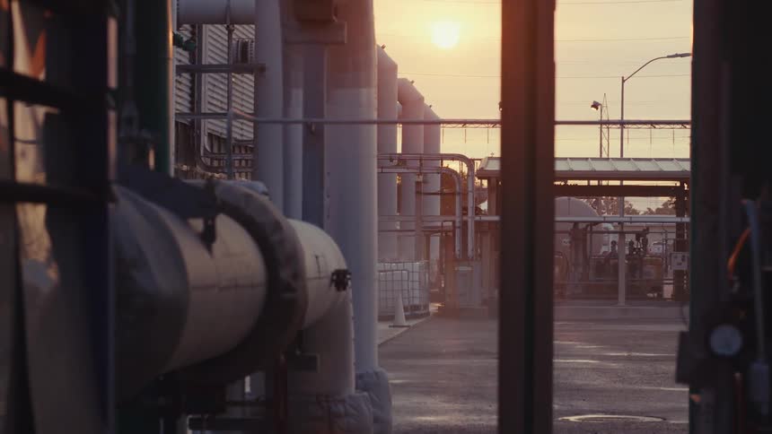 A slow pull-out shot reveals a large industrial refinery with pipes and machinery during a golden sunset