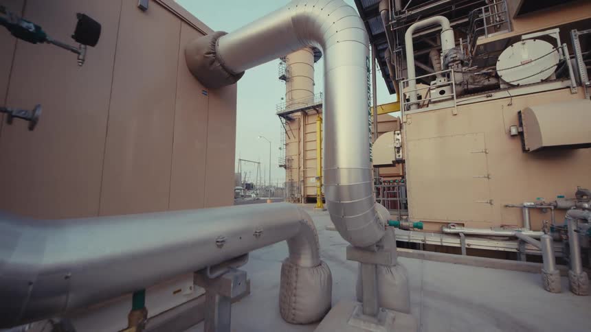 A low angle dolly shot pulls back to reveal the intricate piping and machinery of an industrial power plant