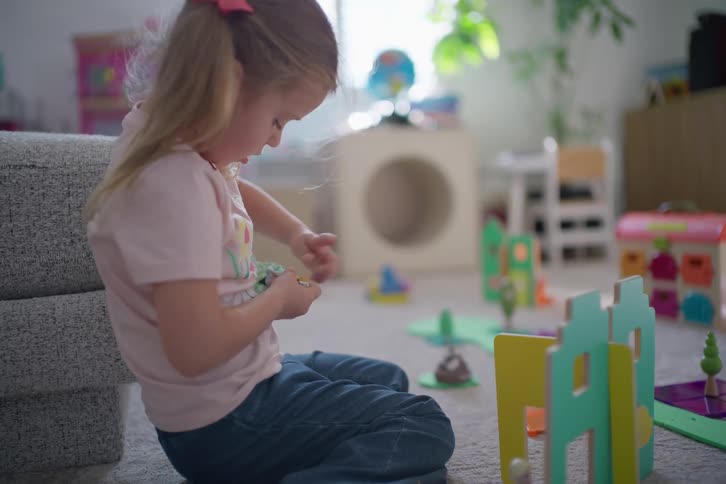 Focused little girl plays with her toys on the carpet in her bright and sunny playroom