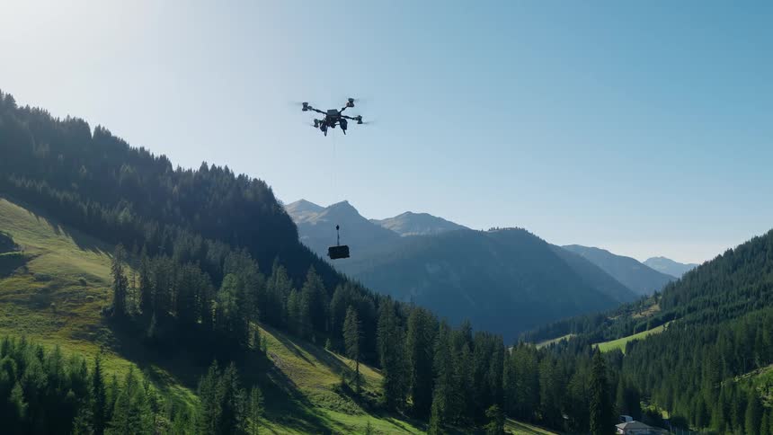 A heavy-duty delivery drone transports a cargo container across a vast, green mountain valley on a clear day