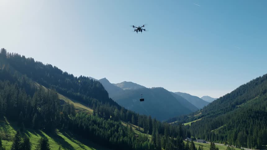 A heavy-lift drone flies through a picturesque alpine valley while carrying a suspended cargo basket on a clear sunny day
