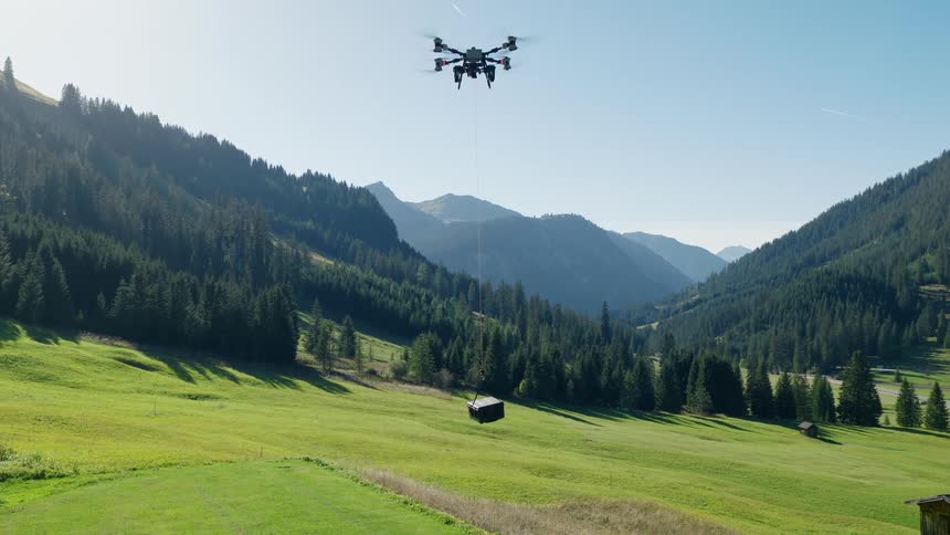 An industrial heavy-lift drone lifts and transports a payload on a winch line over a vast green mountain valley