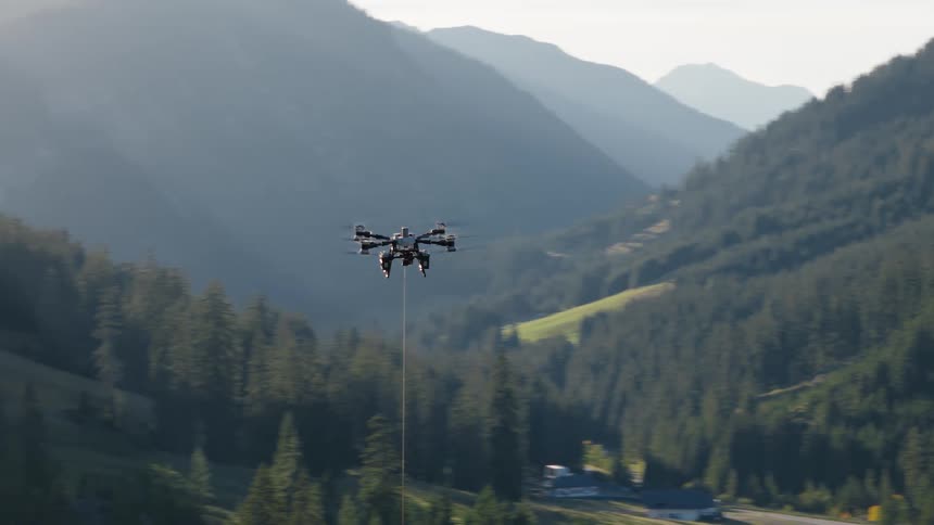 An industrial cargo drone with a long rope hovers in the air against a scenic mountain forest backdrop