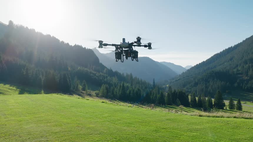 A heavy-lift delivery drone hovers over a sunlit mountain meadow, lowering a payload on a long rope against a backdrop of forested alpine hills