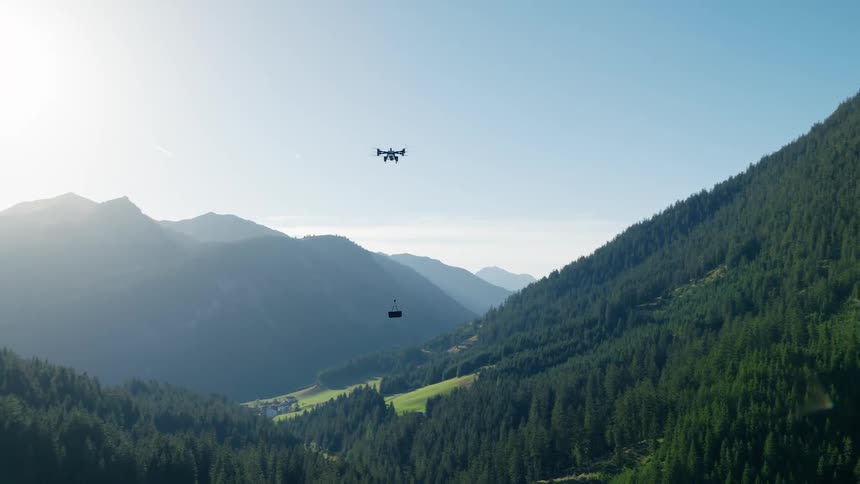 A heavy-lift transport drone carries a suspended payload on a delivery mission across a vast, sunlit mountain valley covered in pine forests