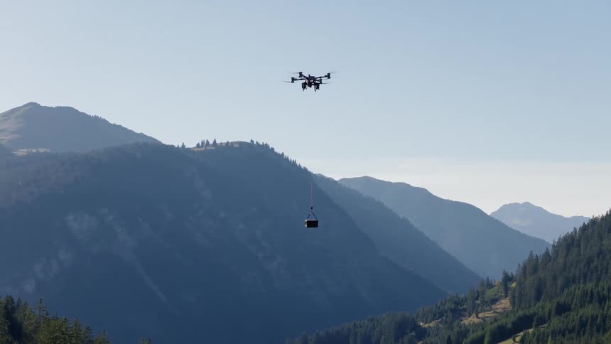 A heavy-lift cargo drone lowers a payload on a cable with a scenic mountain range in the background