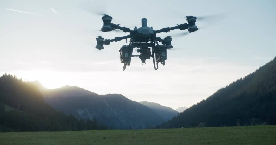 A high-tech cinematic drone takes off in slow motion from a grassy field in a stunning mountain valley at sunset