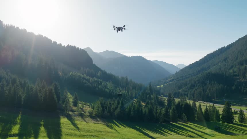 A heavy-lift transport drone carries a cargo container on a longline over a beautiful sunlit mountain valley