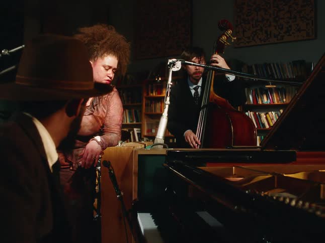 A soulful jazz trio with piano, bass, and vocals performs an intimate set in a dimly lit studio surrounded by bookshelves