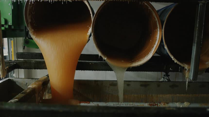 A thick, viscous, yellowish-orange substance pours from large industrial pipes in a manufacturing facility