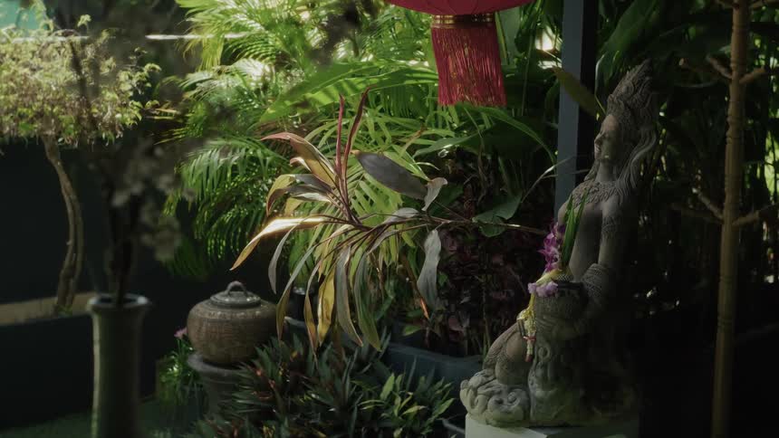 Sunlight moves across a tranquil Southeast Asian style garden featuring a stone statue, lush plants, and a red lantern