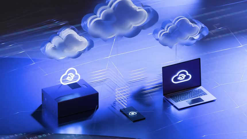 A futuristic 3D animation illustrating the concept of cloud computing, with data flowing between servers, a laptop, and a smartphone