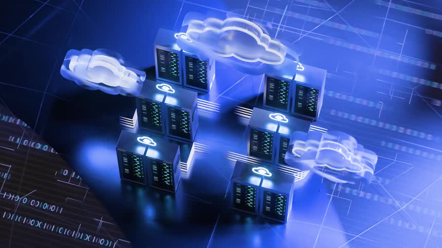 Futuristic 3D animation of a cloud computing data center with glowing blue server racks and binary code streams representing a global network