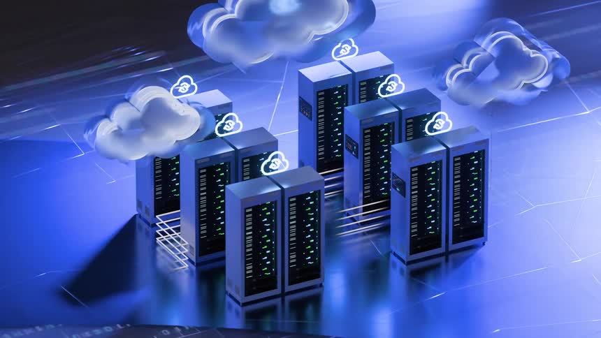 A conceptual animation illustrates cloud computing technology, with data flowing from a network into server racks in a futuristic data center