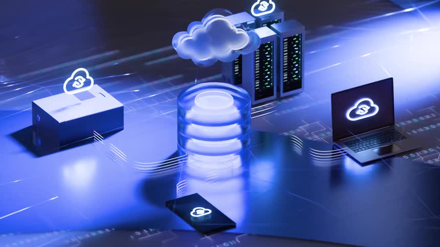 A futuristic animation visualizes cloud finance technology, showing data transferring between servers, a database, a laptop, and a smartphone