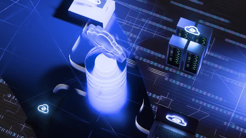 Futuristic 3D animation visualizing data transfer and storage within a secure cloud computing network connecting a laptop, smartphone, and servers