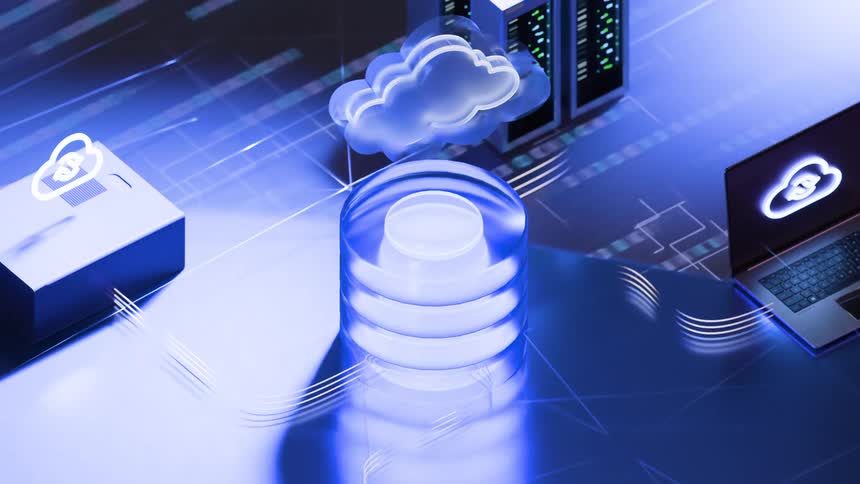 Animated visualization of secure cloud computing where data from a smartphone, laptop, and server is transferred to a central database and a secure cloud network