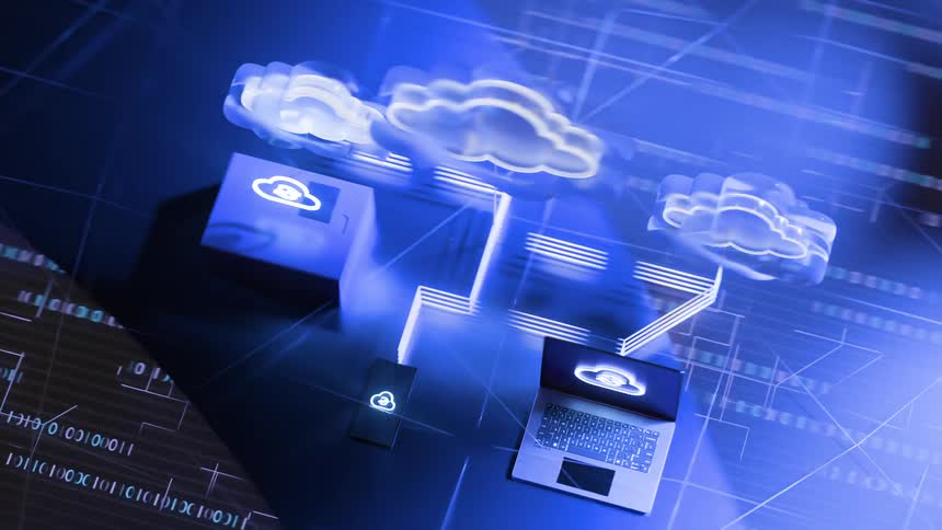 A 3D animation illustrates cloud computing technology, showing data transfer between a server, laptop, and smartphone through glowing digital networks