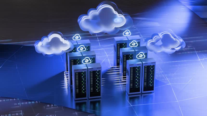 A 3D animation conceptualizes cloud computing and data storage with server racks connected to digital clouds