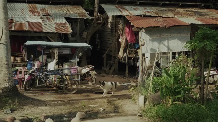 A slow zoom out reveals a humble wooden home with a rusty corrugated iron roof in a poor, rural Thai village