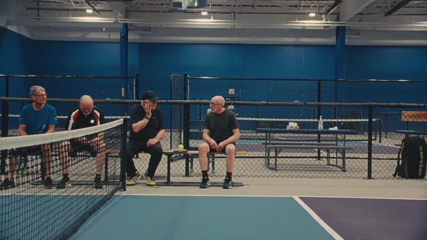 A group of senior men take a break and socialize on a bench at an indoor pickleball facility