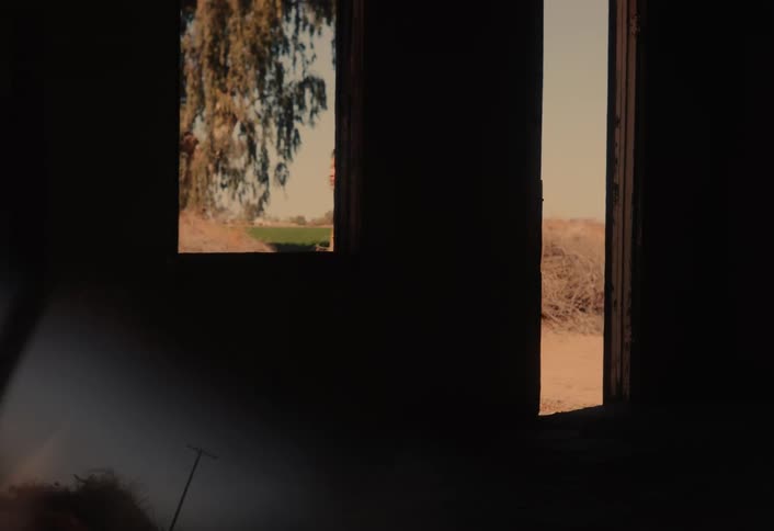 A contemplative woman stands in the doorway of a dark, abandoned building before walking past the window into the sunny, rural landscape