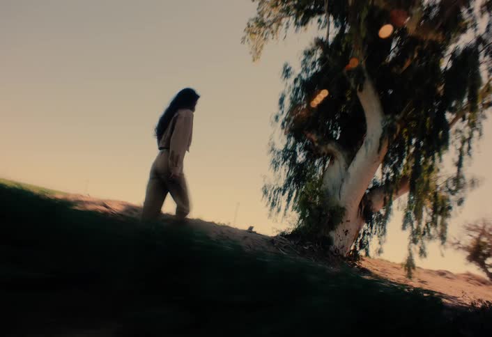 A disorienting, motion-blurred shot captures a woman walking up a grassy hill next to a large tree at sunset