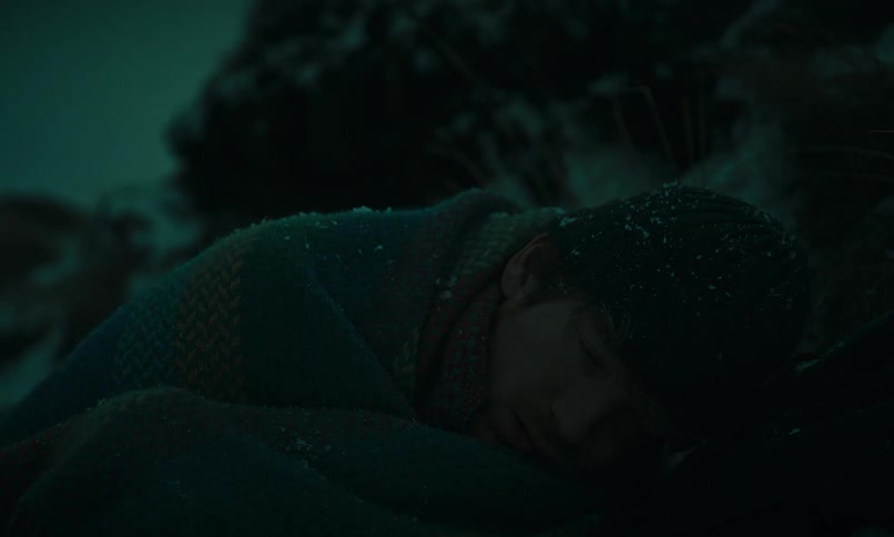 A man sleeps soundly wrapped in a blanket while wearing a beanie as snow falls lightly on him in the cold darkness