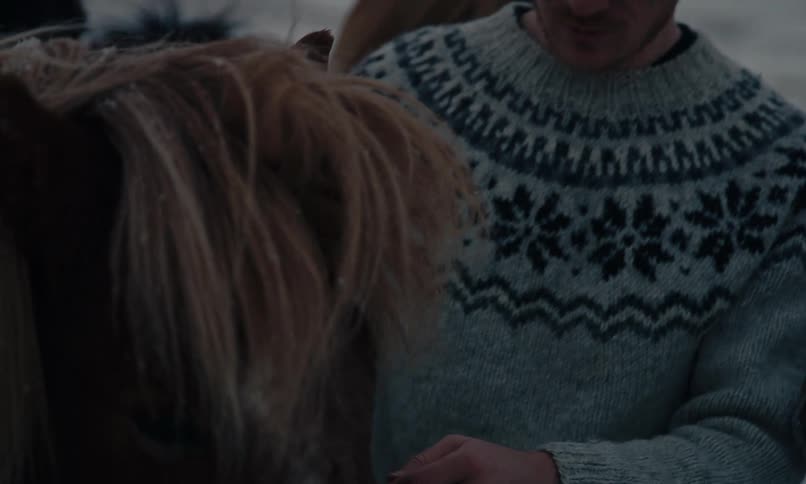 A man wearing a traditional Icelandic sweater stands with his horse in a snowy, rural landscape