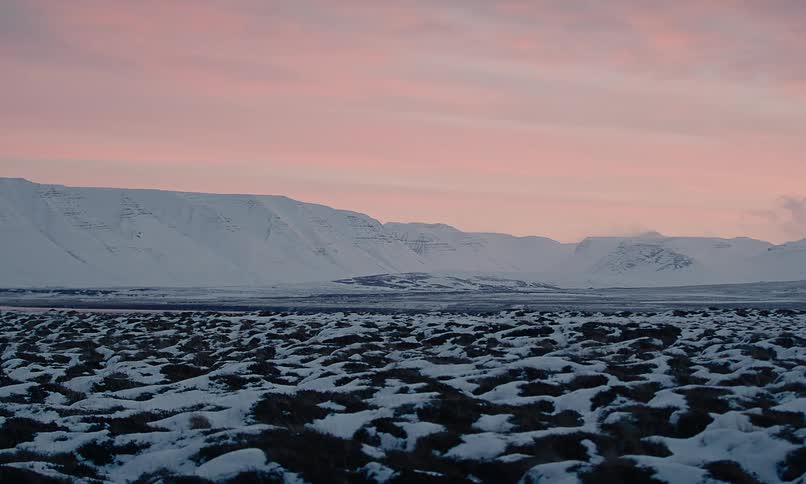 A vast, frozen tundra landscape with snow-capped mountains in the distance under a serene pink sky at dusk in Iceland