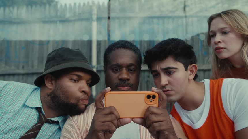 A diverse group of friends gathers around a middle-aged man to curiously watch something on his smartphone outdoors