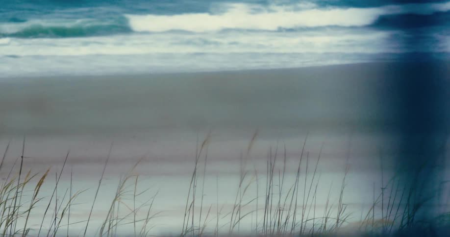 A serene and artistic view of turquoise ocean waves gently breaking on a sandy shore, framed by soft-focus beach grass