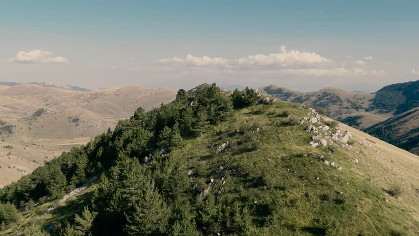An aerial view captures the majestic mountain range, flying along a ridge divided by a lush green forest and golden-brown grasslands under a clear sky