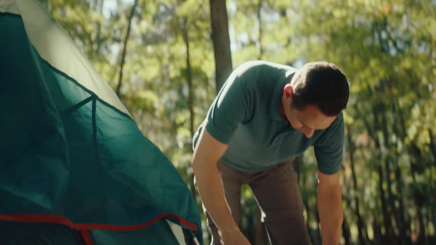 A man carefully sets up a camping tent in a lush, sun-drenched forest in slow motion