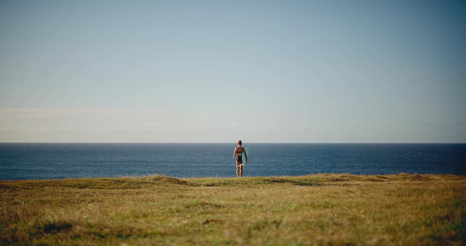 A lone surfer girl with her surfboard stands on a grassy clifftop looking out at the vast blue ocean