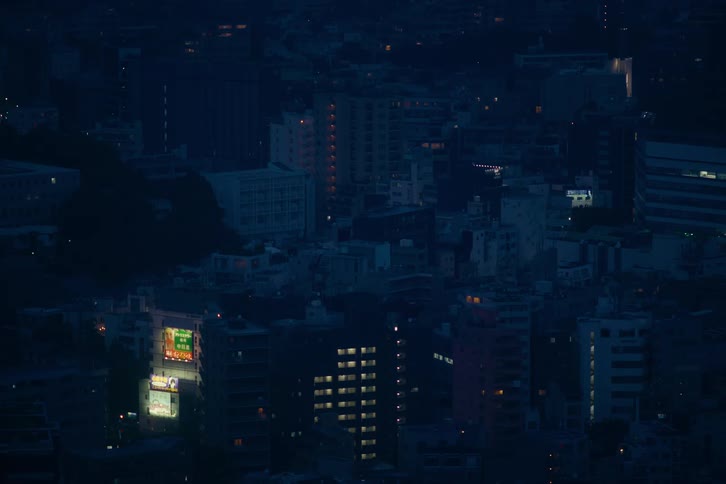 A quiet, dense city neighborhood sleeps under the dark blue of night, with only scattered apartment lights and a single storefront glowing